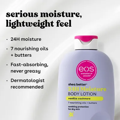One product shot and one headline promise deliver long lasting moisture that does not feel heavy or greasy.