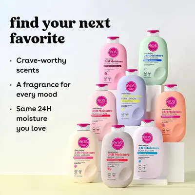 Eight lotion scents shown side by side present the full product range so shoppers can choose a favourite. The lineup reinforces that there is a fragrance for every mood with the same 24H moisture.