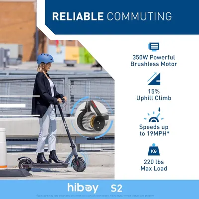 Highlights multiple performance specifications and capabilities of the scooter to reassure shoppers it is reliable for daily commuting.