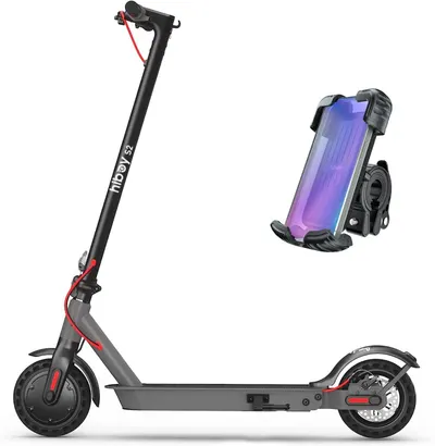 Displays the scooter and phone mount accessory on a clean white background for clear product visibility.