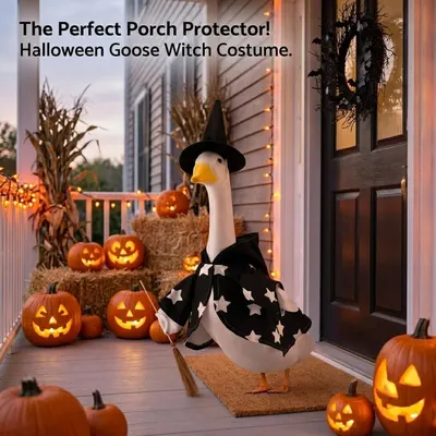 Demonstrates the product's use case as a porch decoration and protector during Halloween, showing it in a real outdoor setting. Highlights the product's primary benefit as an ideal porch decoration…