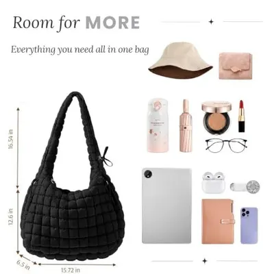 Gives exact bag dimensions with overlay arrows so shoppers can judge the physical size. Shows many everyday items fitting inside to communicate generous storage capacity.