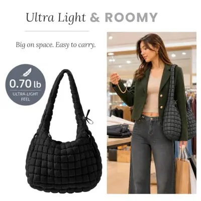 Highlights that the bag is roomy yet light at 0.70 lb for easy carrying. States the product weight so shoppers know how light the bag is.