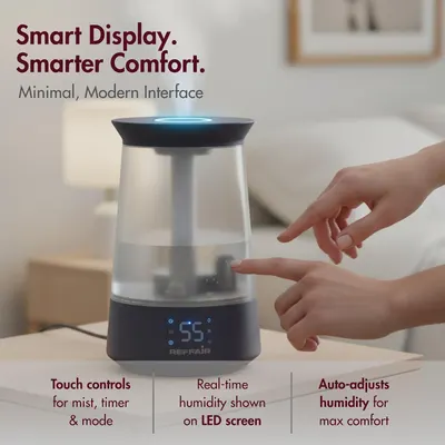Shows the minimal touch interface and LED display that make the humidifier simple to operate and monitor.