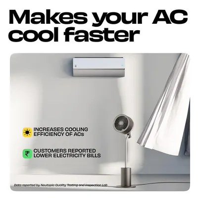 Communicates that the fan helps the AC cool faster and can lower electricity bills. References customer reports of lower electricity bills to build trust in…