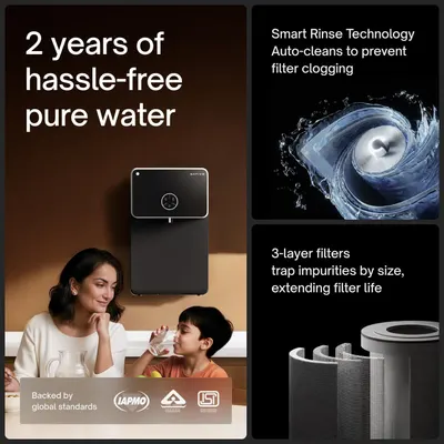 Shows the water purifier in a home lifestyle scene with a headline promising two years of hassle-free pure water for shoppers. Segments the image into panels…