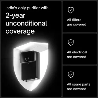 Shows the purifier is backed by a 2-year unconditional warranty that covers filters, electrical components, and spare parts, reassuring buyers of long-term…