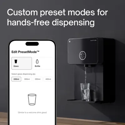 Shows that users can set custom preset dispensing modes for hands-free water dispensing, making everyday use quicker and more convenient. Demonstrates how the preset mode is edited in the app to…