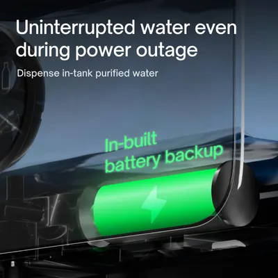 Shows the water dispenser keeps dispensing purified water during a power outage thanks to a built-in battery backup. Reassures shoppers the unit works even…