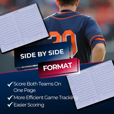 Shows the scorebook layout places both teams on one page for more efficient game tracking and easier scoring.