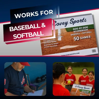 Shows the scorebook is suited for both baseball and softball with real coaches and players in use.