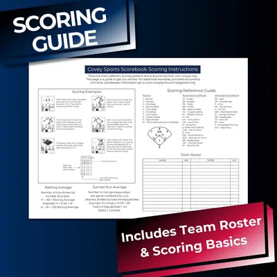 Provides scoring instructions, reference abbreviations, and a team roster so buyers feel prepared to score games.