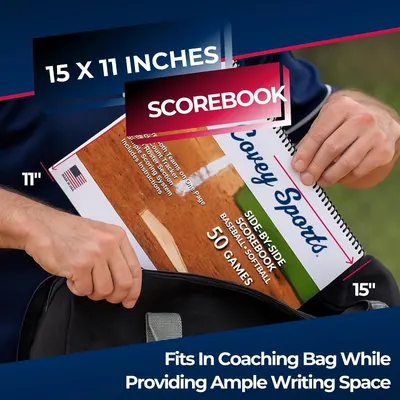 Shows the scorebook dimensions and that it fits in a coaching bag while providing ample writing space.
