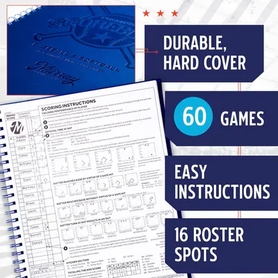 Highlights the durable cover, game capacity, easy instructions, and roster size of the scorebook. Displays the Murray brand name and logo on the premium cover to reinforce brand trust.