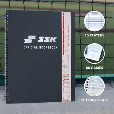 Shows the SSK Official Scorebook branding alongside its key features to build trust in the brand. Highlights the scorebook capacity for players, games, and pitching stats in a clean layout.