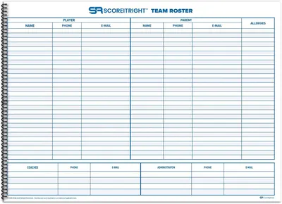 Shows the included roster pages for organizing player, parent, and coach contact details.