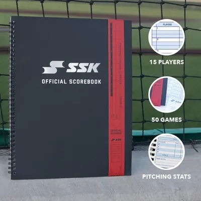 Shows the scorebook product on a field backdrop with callouts for player capacity, game capacity, and pitching stats tracking. Highlights several capacity and tracking benefits through separate…