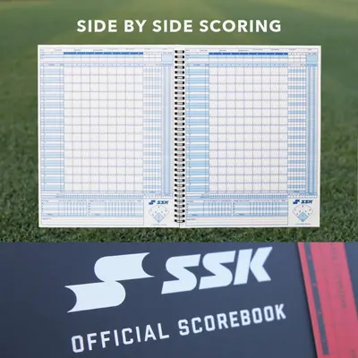 Shows the open book laid flat with two scoring pages visible at once to convey wide scoring space.