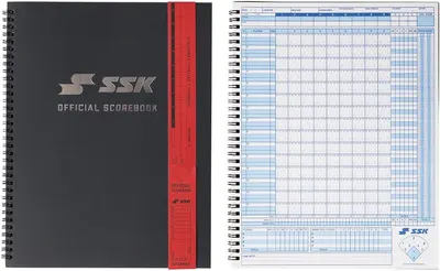 Shows the cover alongside an open scoresheet to show what the scorebook looks like inside.