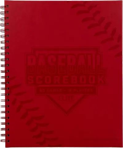 Presents the product as an Elite Scorebooks baseball scorebook with branded cover design that signals quality and sport identity. Communicates that the scorebook holds 80 games and tracks 16 players…
