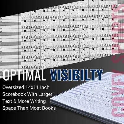 Communicates that the oversized scorebook offers larger text and more writing space for easier scoring. Shows the physical size of the scorebook to reassure shoppers it is larger than typical books.