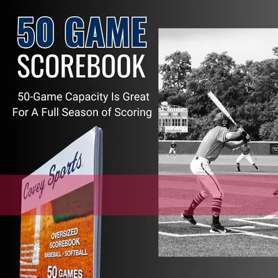 Pairs a batter photo with the scorebook cover to suggest a full season of use. Presents the scorebook capacity as a full season product offering from the brand.