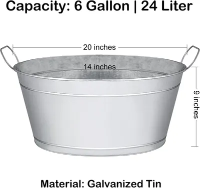 Shows exact physical dimensions so shoppers can confirm the tub fits their space and needs. Highlights the large 6 gallon or 24 liter capacity as the key performance stat for serving drinks or…