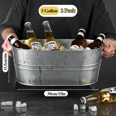 Shows the bucket physical dimensions so shoppers can judge whether it fits their cooler space and bottle count. Highlights the generous 3 gallon capacity and that two buckets are included.