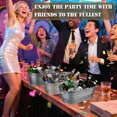 Shows the buckets in a lively party scene to convey a fun social atmosphere.