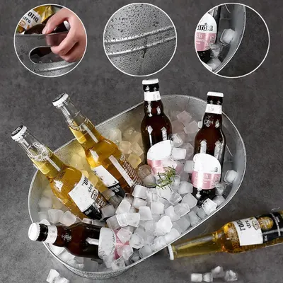 Zoomed views point out the handle, textured galvanized finish, and interior rim to show build quality. Reinforces that the galvanized finish keeps ice and bottles cold and looks good.