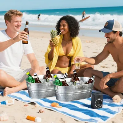 Shows the buckets in use at a beach gathering to demonstrate suitability for outdoor group fun.