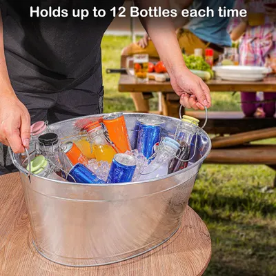 Shows the tub holding up to 12 bottles to communicate its practical serving capacity for gatherings. Communicates one clear benefit that the tub holds up to…