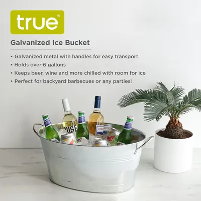 Shows the bucket filled with drinks on ice and lists its key benefits for parties and barbecues. Displays the True brand logo to reinforce brand identity.