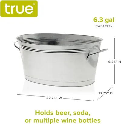 Highlights the large 6.3 gallon capacity as the main selling point. Shows exact physical dimensions so shoppers know the bucket size before buying.