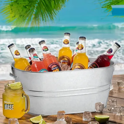 Places the tub in a beach scene to suggest it suits summer drinks and outdoor fun.