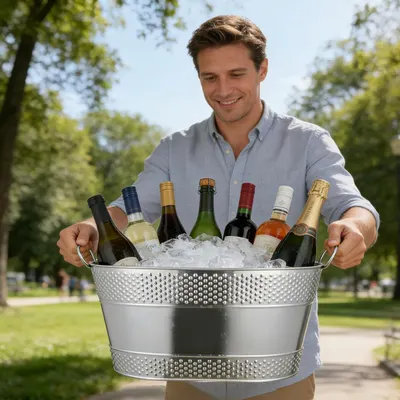 Shows the bucket being carried easily with handles, suggesting it is portable for outdoor gatherings. Shows the bucket in a real outdoor setting with wine and…