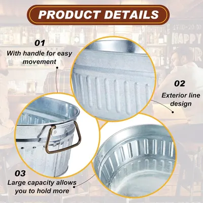 Shows three distinct benefits of the galvanized metal bucket in segmented panels: easy carrying with the handle, the ribbed exterior styling, and generous holding capacity. Zoomed-in views point to…