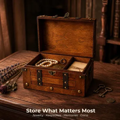 Presents the chest as a keepsake storage piece for jewelry, memories, and coins, conveying an emotional brand message. Shows one clean scene reinforcing that the chest stores valuables and keepsakes.