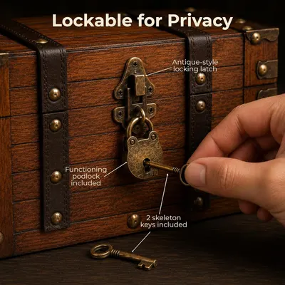 Reassures shoppers that the chest can be locked for privacy with a working padlock and two keys included. Points to the locking latch to show the physical…