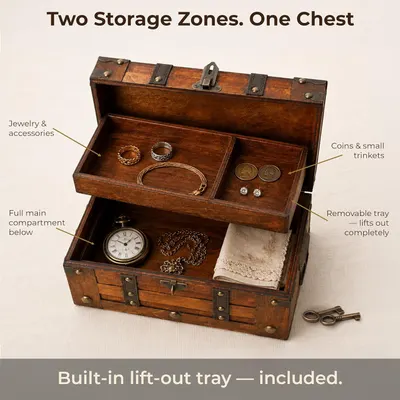 Shows the chest offers two storage zones through an included lift-out tray. Confirms the lift-out tray is included with the chest.