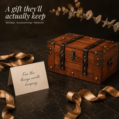 Positions the chest as a gift for birthdays, housewarmings, and milestones with gift-style styling. Conveys that the chest is a lasting keepsake gift worth…