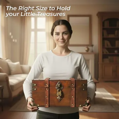 Shows the trunk held in hand so shoppers can judge its physical size. Reassures shoppers that the trunk is the right size to hold small valuables.