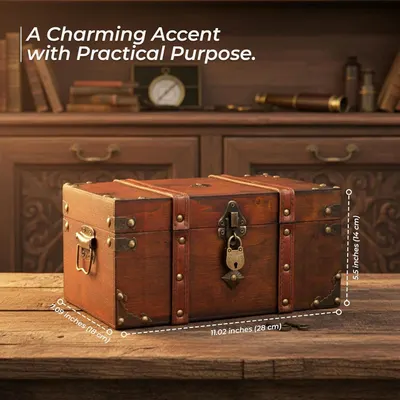 Gives exact dimensions so shoppers know the trunk footprint and height. Presents the trunk as a decorative piece with practical storage use.