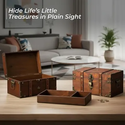 Shows the trunks blending into a living room setting as discreet storage for personal items. Shows the trunk along with its removable tray and key set included in the package.
