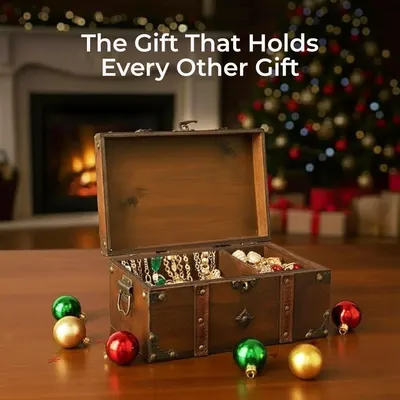 Positions the trunk as a holiday gift with festive ornaments and a Christmas tree backdrop. Communicates that the trunk is a gift that holds jewelry and other gifts.