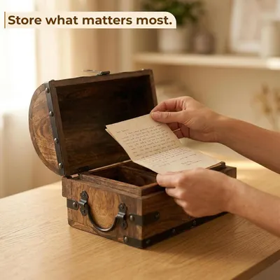 Shows the chest holding a handwritten letter to convey that it protects cherished memories. Real-world home setting showing the chest in use.