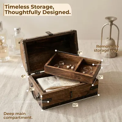 Gives exact dimensions so shoppers know the chest size before buying. Highlights the thoughtful design of the storage layout.