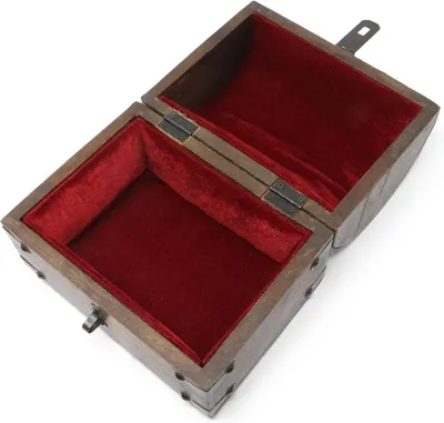 Shows the open chest with a soft red velvet lining to reassure shoppers of a plush, protective storage space. Reveals the interior construction and hinge details of the chest.