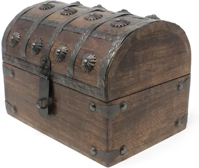 Shows the chest in a clean product photo emphasizing its antique look and secure latch.