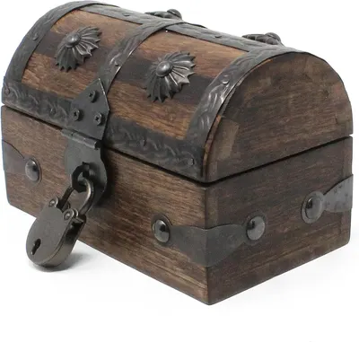 Presents the chest from an angled view to show its overall shape and metal hardware.